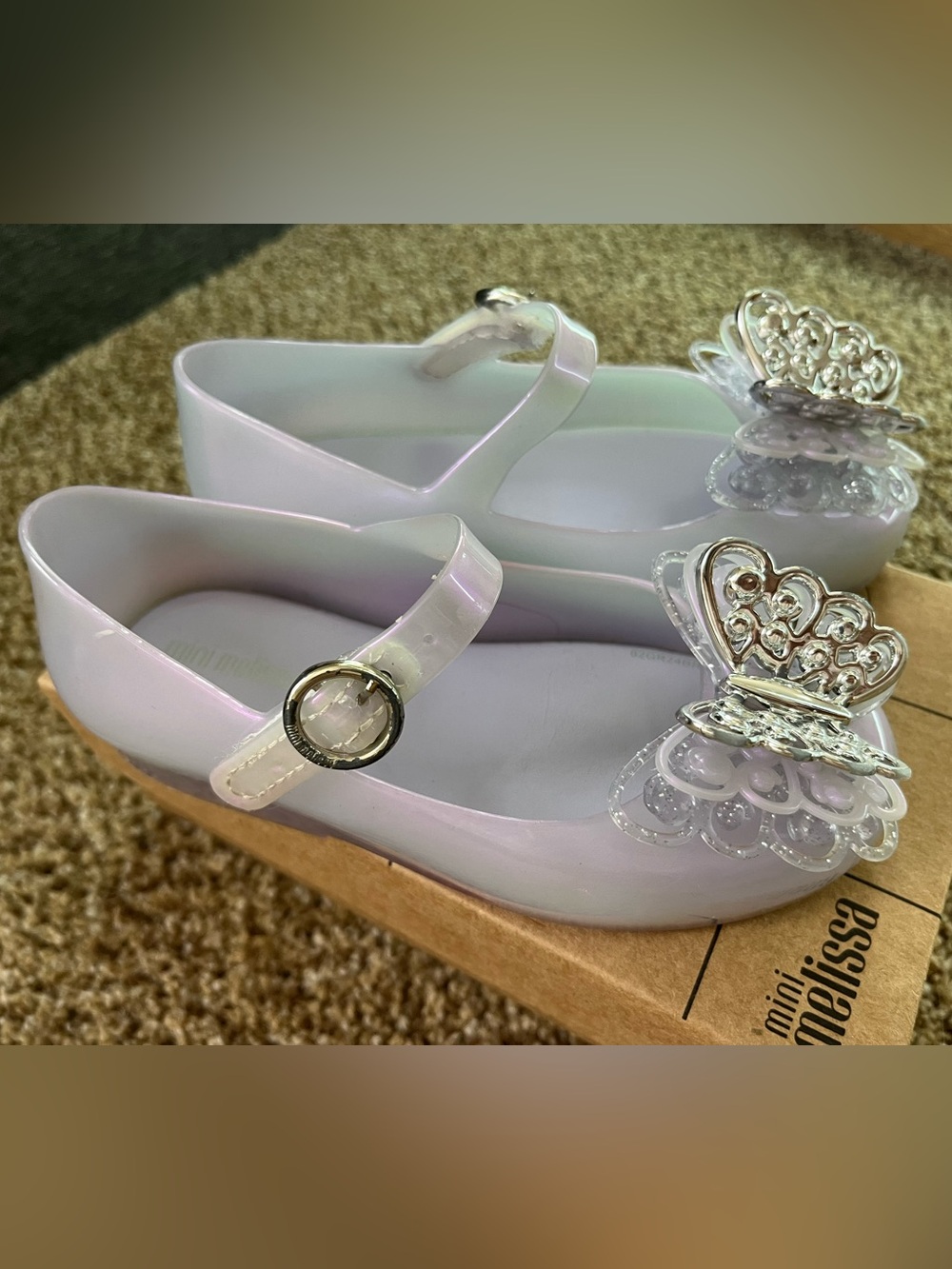 Mini Melissa Iridescent Lavender Mary Janes with Silver Butterfly - Picture 3 of 11